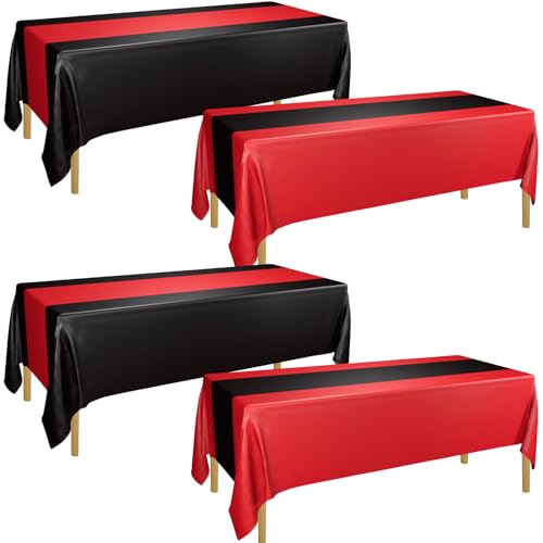 PTECDROTS 4Pcs Red and Black Tablecloths, Table Runner Waterproof Disposable Rectangle Table Covers for Fiesta Graduation Wedding Black and Red Birthday Decorations, 51 x 86inch