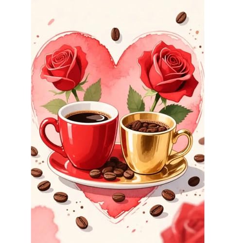 Image of AiYuanzsh Coffee Diamond Art Kits for Adults, Coffee Cups Roses Diamond Painting Kits for Beginners, 5D DIY Full Drill Round Rhinestone Gem Art Crafts Paintings for Home Wall Decor 12 inchx16 inch