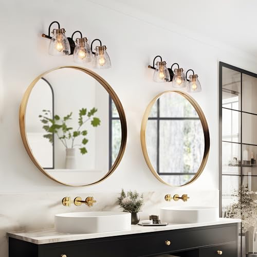 Image of KSANA Bathroom Light Fixtures, 3 Light Black and Gold Vanity Lights for Bathroom with Clear Cracked Glass Shade, 22.4'' Modern Brass Bathroom Lights Over Mirror