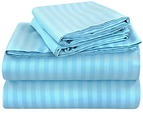 Image of ROYALE LINENS 3 Piece Twin Sheets Set - Soft Brushed 1800 Microfiber - 1 Fitted, 1 Flat Sheet, 1 Pillow case - Wrinkle Free & Fade Resistant - Hotel Luxury Bed Sheets (Stripe Lake Blue, Twin)