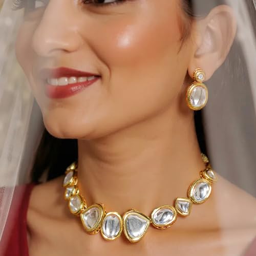 Image of Lucky Jewellery Back Meenakari 18k Gold Plated White Color Triangular Shape Earring Combo Jewellery Set Uncut Dibbi Kundan Choker Necklace for Girl's & Women