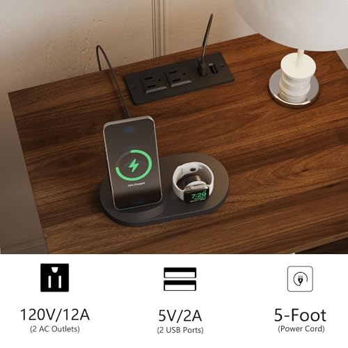 Image of JOONEE Rattan Nightstand with Charging Station,Farmhouse Bedside Table with 2 Storage Drawer and Open Wood Shelf, for Bedroom and Small Spaces,Night Stand with Solid Wood Legs (Walnut Brown-Outlet)