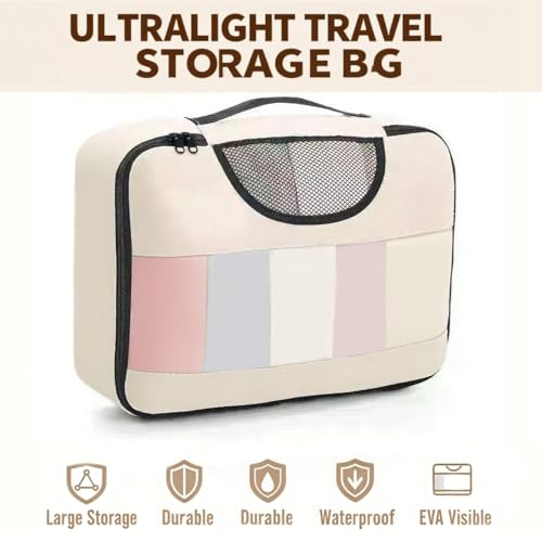 6PCS Travel Packing Organiser Set, Clear EVA Packing Cube for Suitcase,Visible Luggage Organiser Bag for Backpack, Ultralight Oxford Fabric Packing Cube for Home/Vacation/Camping/Essentials-Off White - Image 3