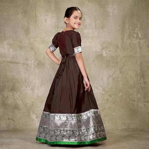 Image of Girls Silk Pattu Gown for Kids Traditional South Indian Long Ethnic Dress | Baby Girl Festival Pavadai Sattai Style Party Wedding Birthday Special Occasion Outfit
