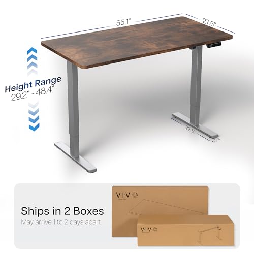 Image of VIVO Rustic Vintage Brown 55 x 28 in Standing Desk, DESK-KIT-1G55N | Electric, Holds 220 lbs, Sit Stand, Height Adjustable, Solid One-Piece Table Top, Memory Presets, 1B Series, Gray Frame