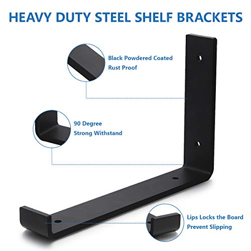 Shelf Bracket 4 Pack, Butizone Heavy Duty Metal J Bracket With Lip For Diy Open Shelving, Industrial Rustic Wall Shelf, Floating Brace Support Shelf Bracket Black (9.25") #TOP2