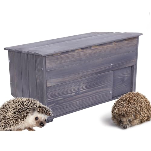 MODO24 Igelhaus aus Holz, Stabiles Igel Winterquartier mit Labyrintheingang, Boden & Trennwand, Igelhütte/Igelhotel für Winterschlaf & Nisthaus im Garten, Maße 27x45x33 cm, Grau imprägniert