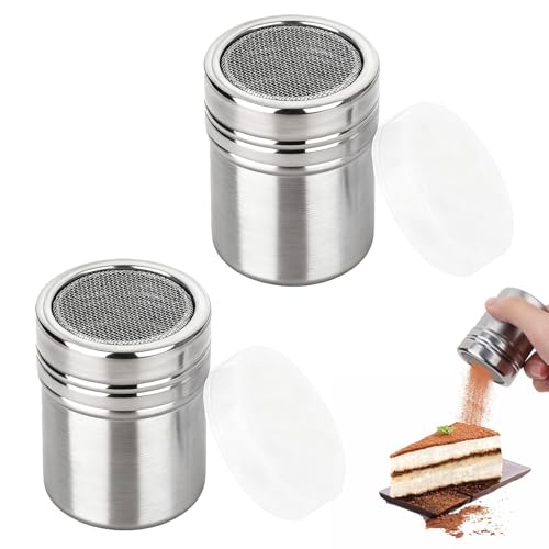 Fogbush Lot de 2 Saupoudreuse Sucre Glace et Cacao en Acier Inoxydable Sucrier pour Sucre en Poudre avec Couvercle Hermétique et Tamis Fin Idéal pour Café...