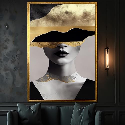 Tableau abstrait femme or et noir 40x60cm, toile luxueuse de salon