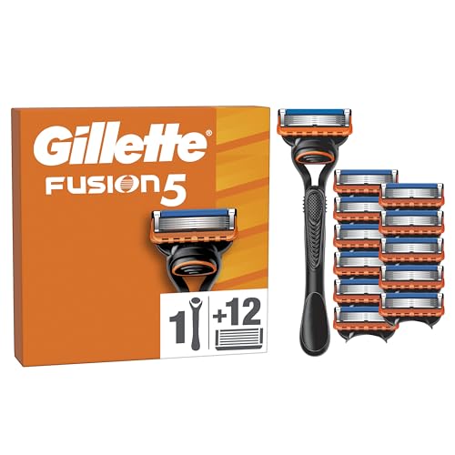 Gillette Rasoir Pour Homme Fusion5, Manche Réutilisable,12 Cartouches A 5 Lames, Bande Lubrifiante Pour Le Rasage Du Visage Confortable Et Une Glisse Du...