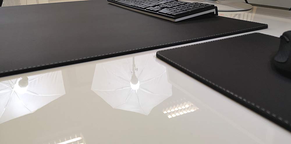 Gewinkelte Schreibtischunterlage mit Kantenschutz + Mousepad Echt Leder Schwarz mit grauer Naht 60 x 38cm Echt Nappaleder glatt