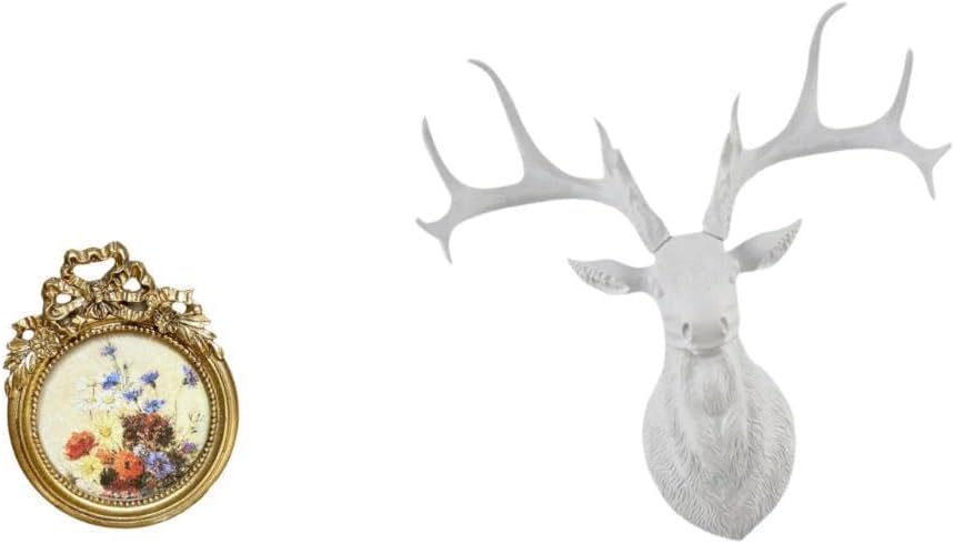 Antique Photo Frame Vintage Picture Frame Round Ornate European Desktop Wall Display Frame Wedding Gift Ideas Deer Head Sculpture Resin Collectible Bo