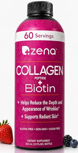 Zena Nutrition Liquid Collagen for Women, with Biotin, Hair, Skin & Nail Supplement [ 60 Servings ] 2500mg Verisol Bioactive Collagen Peptides, 5000mcg Biotin, Mixed Berry, 20 fl oz