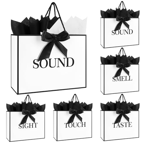 5 Senses Gift Bags for Him Her With Labels Handles Ribbon and Tissue Paper 12.6 X 8.7 X4 Inch Five Senses Paper Bags Suitable for Birthday Party Wedding Anniversary Christmas Valentines Day (White Black)
