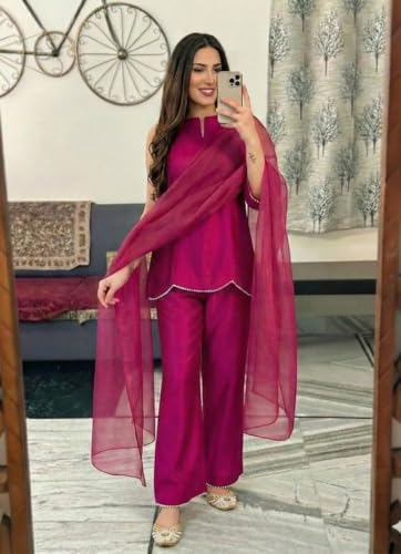 Image of Pearl Embroidered Solid Kurta Palazzo Set|Indo Western Party Outfit with Organza Net Dupatta|Sleeveless Kurti for Women