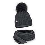 ELIMELI Mütze und Schal Damen Winter warme Strickmütze Wintermütze Damen mit Bommel Winterset Strick Beanie Damen für Winter Mütze Schal Set Damen (Dunkelgrau)