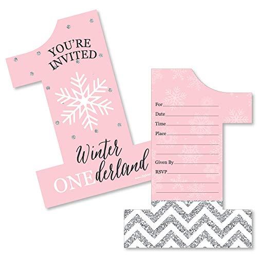 Big Dot of Happiness Pink Onederland - Shaped Fill-in Invitations - Holiday Snowflake Winter Wonderland Birthday Party Invitation Cards with Envelopes - Set of 12