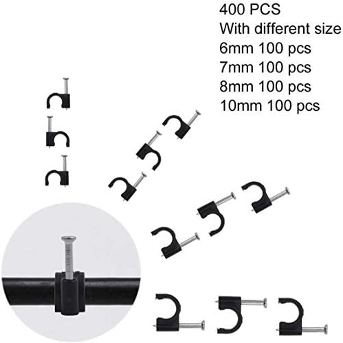 Top-spring Pack of 400 Round Cable Clips Assortment 6mm 7mm 8mm 10mm, Electrical Wire Cord Clamps, Steel Nail Cable Clips with Portable PP Box (Black)