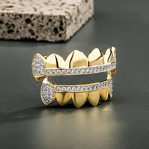 TOPGRILLZ 14K Gold Plated Iced Out CZ Top and Bottom Vampire Fangs Werewolf Grillz for Your Teeth Hip Hop Halloween Accessory2