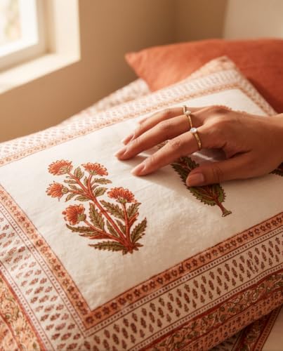 Image of Naksh King Size Bed Sheet Orange Floral Print 2 Pillow Covers | Orange Botanical Floral Print | Heritage Design for King Size Bedrooms