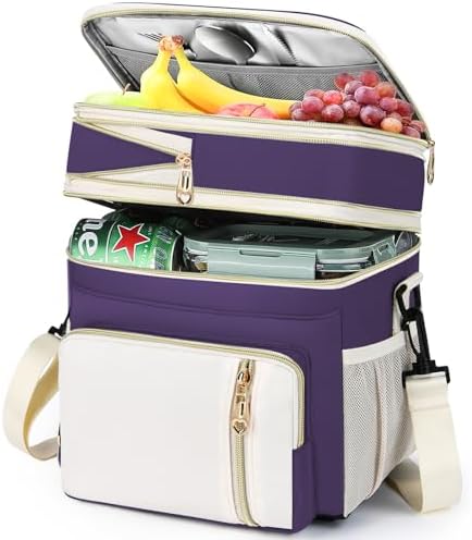 LOKASS Expandable Lunch Box for Women | Adult Lunchbag Cooler Tote Bag with Adjustable Shoulder Strap | Insulated Reusable Womens Lunch Bags for Work Camping Beach | 16L, Purple