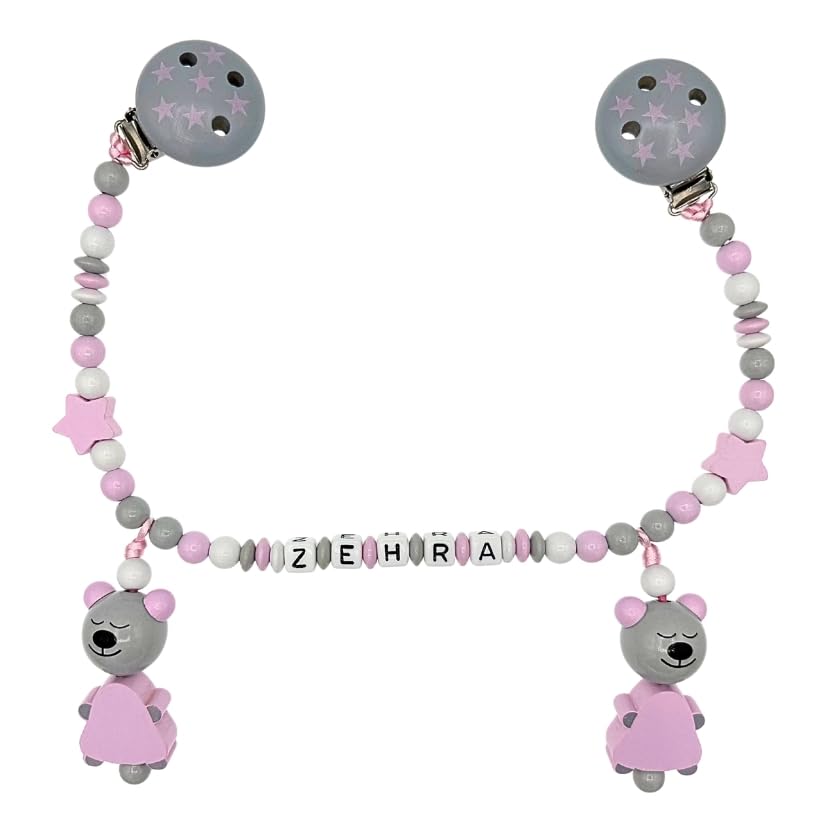 Set Nuckelkette + Kinderwagenkette mit Namen " BÄR/TEDDYBÄR " Hellgrau Rosa Weiß/Baby/Unisex/Personalisiert/HANDMADE