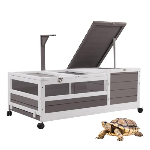 Tortoise Habitat, Large Wooden Tortoise Enclosure Habitat with No-Leaking Tray Indoor & Outdoor, Reptile Cage for Small Animals TOR02-Grey