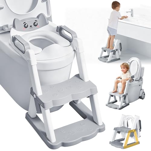 JABNOW Reducteur Toilette Enfant,2 en 1 Rehausseur Toilette Enfant,Pliable Réducteurs De Toilettes Avec Escalier,Réglable en Hauteur et Portable,Adapté aux...