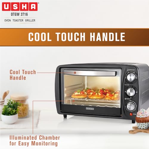 Image of USHA OTGW3716R 16L OTG with Rotisserie | Bake, Grill, Roast & Toast | Upper & Lower Heating | Adjustable Time & Temperature | Cool Touch Handle | 1200W | Black | 2 Year Warranty