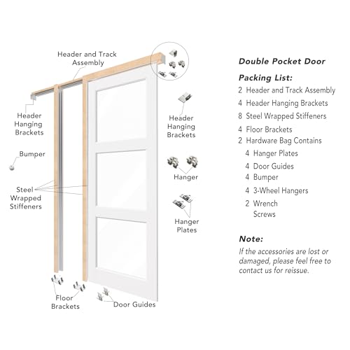 Image of Sliding Pocket Door with Lock, 48 inch x 80 inch, 3-Lite Clear Tempered Glass Pocket Doors with Frame and Hardware Kit Set, Interior Door Slab, White Primed - No Panel Assembly Required