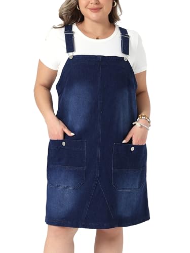 Image of Agnes Orinda Plus Size Women's Denim Overalls Dress Adjustable Strap Bib Suspender Skirts Jumper Jeans Dresses with Pockets