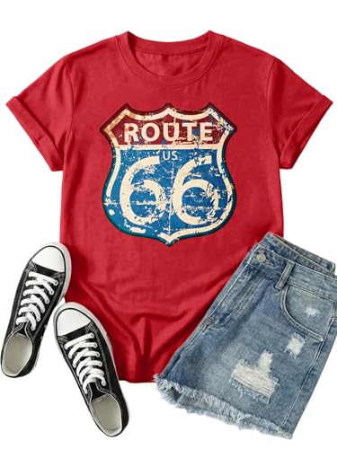 Graphic Route 66 T Shirt Vintage Highway Sign Tee for Women Short Sleeve Crewneck Top Red