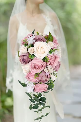 HIFRQVVC Wedding Bride Hand Holding Flowers, 8.7 Inch Dusty Pink, Waterfall Artificial Champagne Roses Bridal Bouquets Wedding Flowers for Ceremony Anniversary Party Home Decor