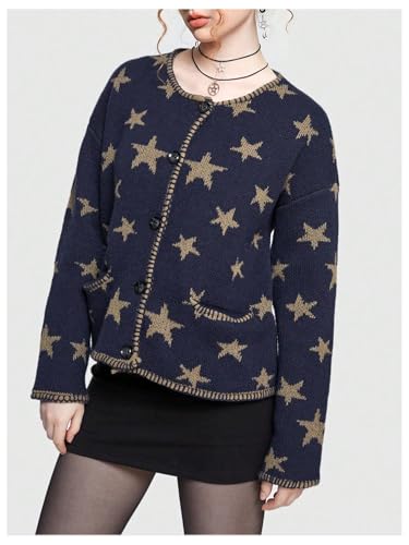 Women's 2025 Star Cardigan Button Down Goth Sweater Vintage Cardigans Casual Hippie 70‘s Tops Coat with Pockets3