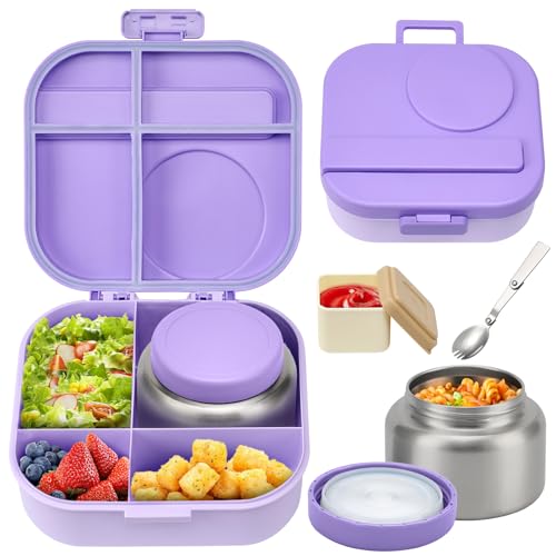 BOSEDSANG Bento Lunch Box with 12oz Soup Thermo 4 Compartments Lunch Box Containers Spoon&Sauce Jar BPA Free&Leak proof Insulated Food Jar for Travel(Purple)