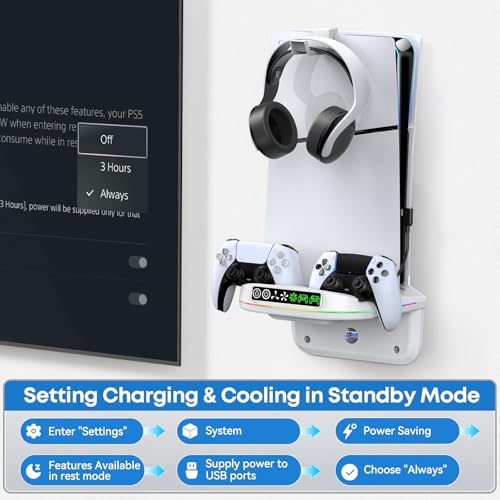 Image of PS 5 Wall Mount Kit with Cooling Fan and Charging Station Compatible with P5 / Slim / Pro Disc and Digital, PS Five Floating Base Holder Shelf with 9 RGB Lights & 3-Level Fan, P5 Accessories for Gaming