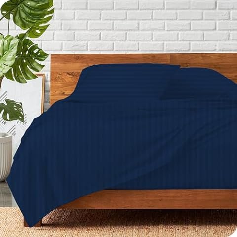 PUZMUG Luxurious 3 Piece Flat Sheet Set Queen Size (92" x 102") Inch 1000 Thread Count 100% Egyptian Cotton Luxury Soft & Silky Fabric Flat Sheet - Navy Blue Stripe Cover