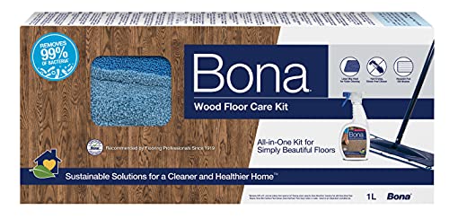 Bona Bodenwischer Set für Holzfußböden, Wischmop für Parkett, Wischmopp Set mit 1 L Reiniger und Mikrofaser-Reinigungspad, Holzfussboden Reiniger, Parkett...