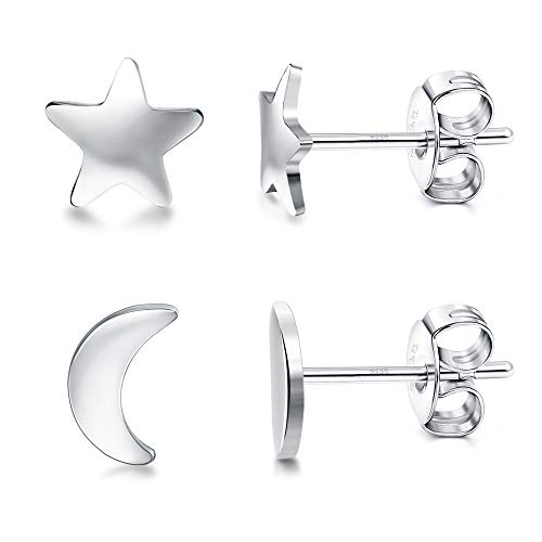 Sllaiss 2 Paires de Étoile Lune Boucles d'Oreilles Puce en Argent Sterling 925 pour Femmes Ensemble de Petites Clous d'Oreilles Hypoallergéniques Cover