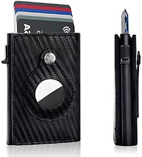 MOTONG Credit Card Holder Metal Wallets, Minimalist Wallet Case with Luxury Box Mens Slim Pop Up Wallet with RFID Blocking for AirTag Holder Leather Case Great for Travel (Carbon Fiber Black)