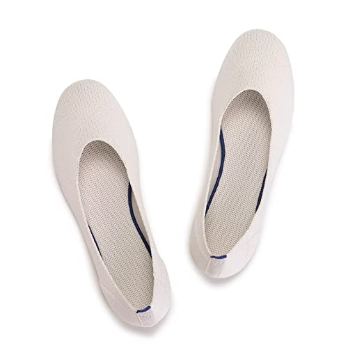 Frank Mully Women’s Knit Ballet Flat Round Toe Slip On Flats Shoes Classic Low Wedge Ballerina Walking Flats Shoes Cream, 10 #TOP6