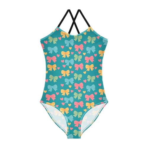 senya Girls Swimsuits One-Piece Swimwear Tie Bathing Suit Beach Summer Round Neck 9-10T Bow Heart Pattern