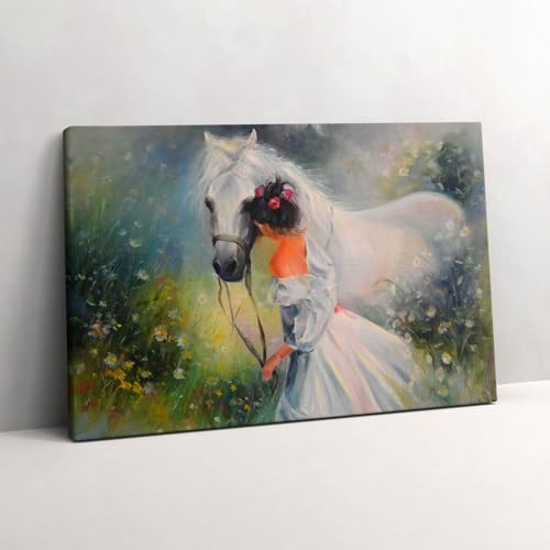 Peinture sur toile de belle femme avec cheval pour décoration salon 60x40
