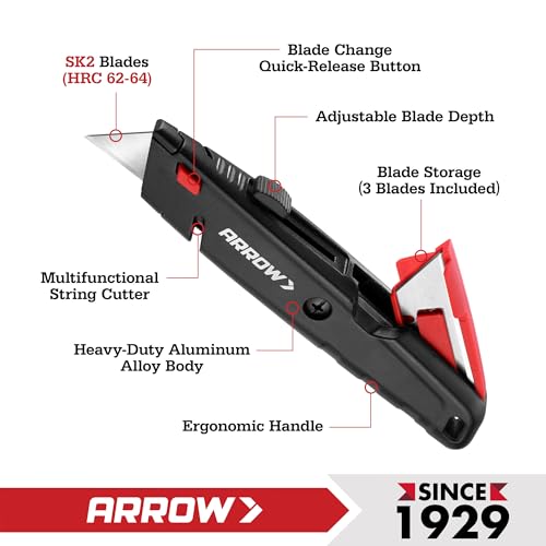 Image of ARROW Retractable Box Cutter, Quick Change Utility Knife with Blade Storage Design, Heavy Duty Aluminum Razor Knife, Twine Cutter, 3 Extra SK2 Blades Included (Pack of 4)