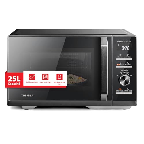 Toshiba Inverter Origin, MW3-AG25PFI(BK), Four Micro-ondes Combiné avec Gril 25L 900W, 3-en-1, 7 Menus Automatiques, Cussion Rapide, Grande Capacité, Décongélation Chef