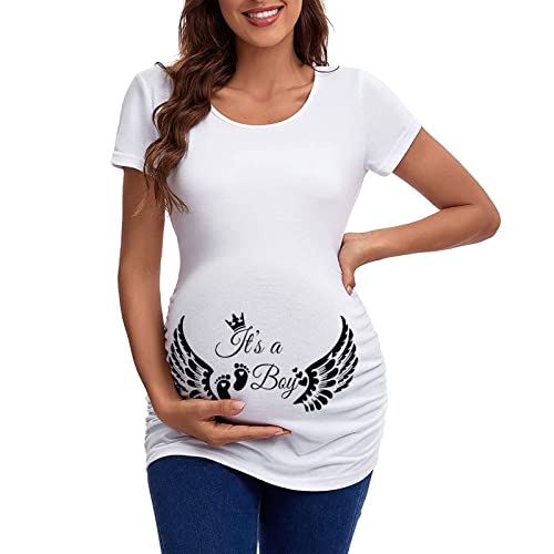 T-shirt de grossesse à manches courtes et col rond avec imprimé de lettres mignonnes pour femme, Noir , L