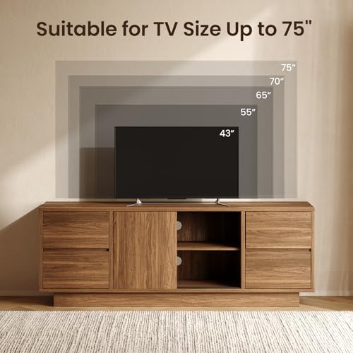 ModernMate 70\'\' Wide TV Stand for TVs Up to 75\'\', Wood Entertainment Center with Sliding Doors and Drawers, Television Console Storage Cabinet with Adjustable Shelves for Living Room, Bedroom, Walnut - Thumbnail 3