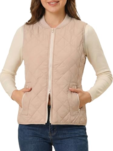Fuinloth Women's Quilted Vest, Rib Collar Lightweight Zip Padded Gilet Beige S