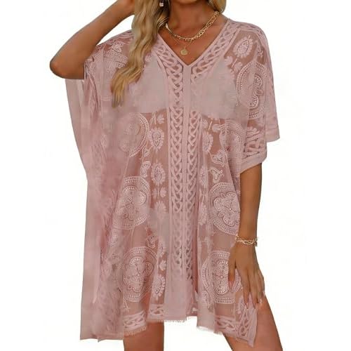 Womens Lace Bathing Suit Cover Up V Neck Beach Coverup Summer Swim Coverups Loose Bikini Beach Dress (Dusty Rose)