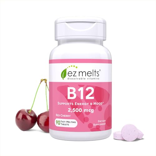 EZ Melts Dissolvable B12 2,500 mcg - Vitamin B12 for Energy & Immune Support - Non-GMO, Vegan & Gluten-Free - Red Cherry - 90 Sublingual Tablets (90 Servings)